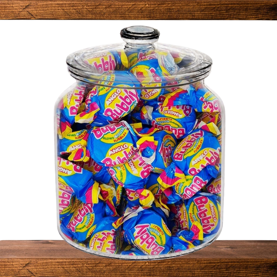 Anglo Bubblys in a glass sweet jar on the shelf at Mr Swainstons