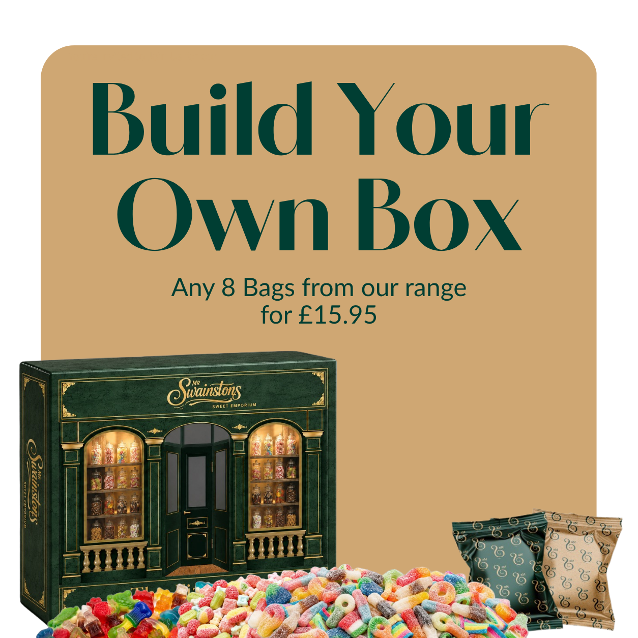 Promotional graphic for a custom box offer, featuring a dark green Savannah-themed box with gold trim, a pile of colorful gummy candies, and two branded bags on a tan background with the text 'Build Your Own Box'.
