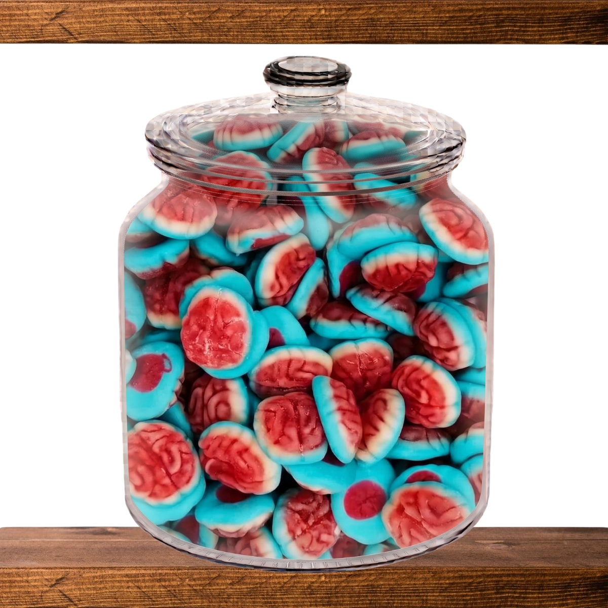 Jelly Filled Brains in a glass sweet jar on the shelf at Mr Swainstons