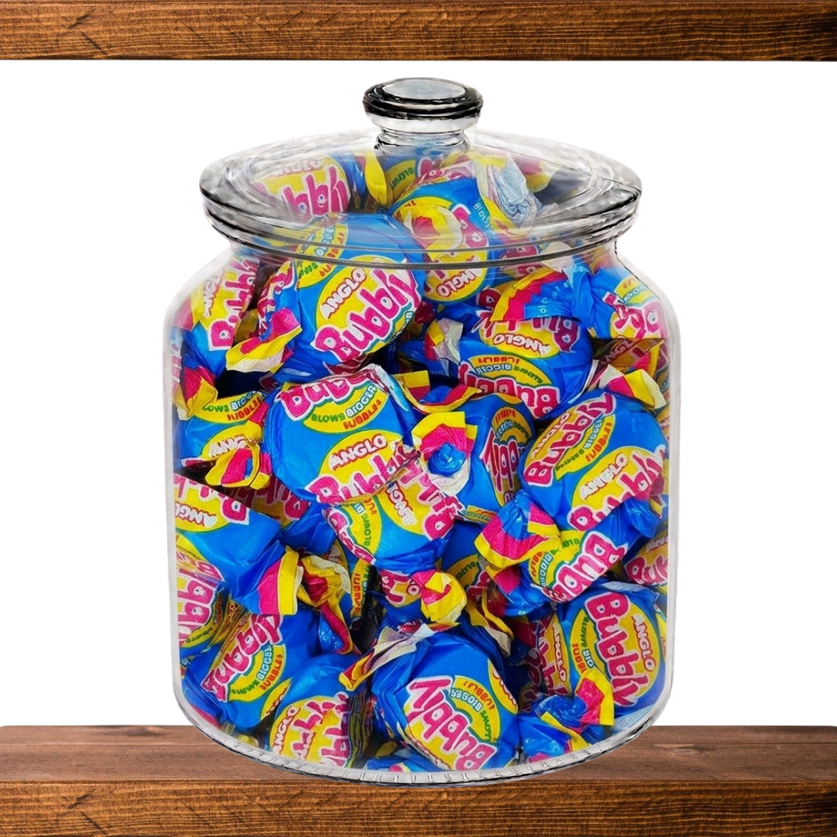Anglo Bubblys in a glass sweet jar on the shelf at Mr Swainstons