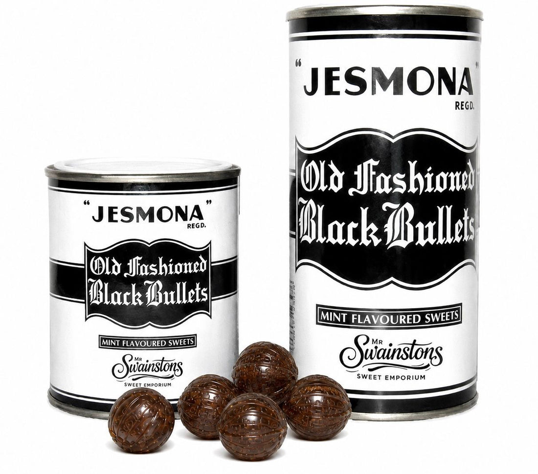 A striped tin of Jesmona Old Fashioned Black Bullets