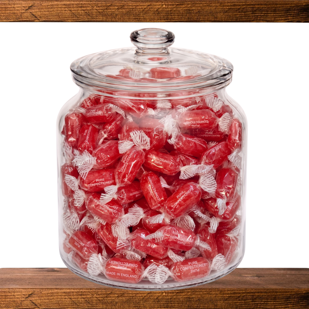 Aniseed Twists in a glass sweet jar on the shelf at Mr Swainstons