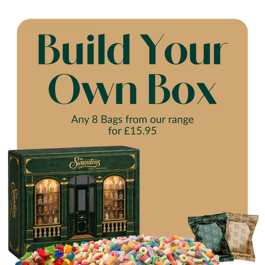Promotional graphic for a custom box offer, featuring a dark green Savannah-themed box with gold trim, a pile of colorful gummy candies, and two branded bags on a tan background with the text 'Build Your Own Box'.