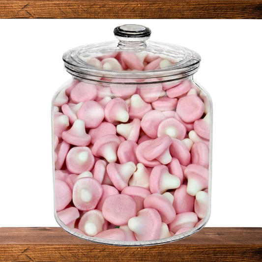 Mushrooms in a glass sweet jar on the shelf at Mr Swainstons