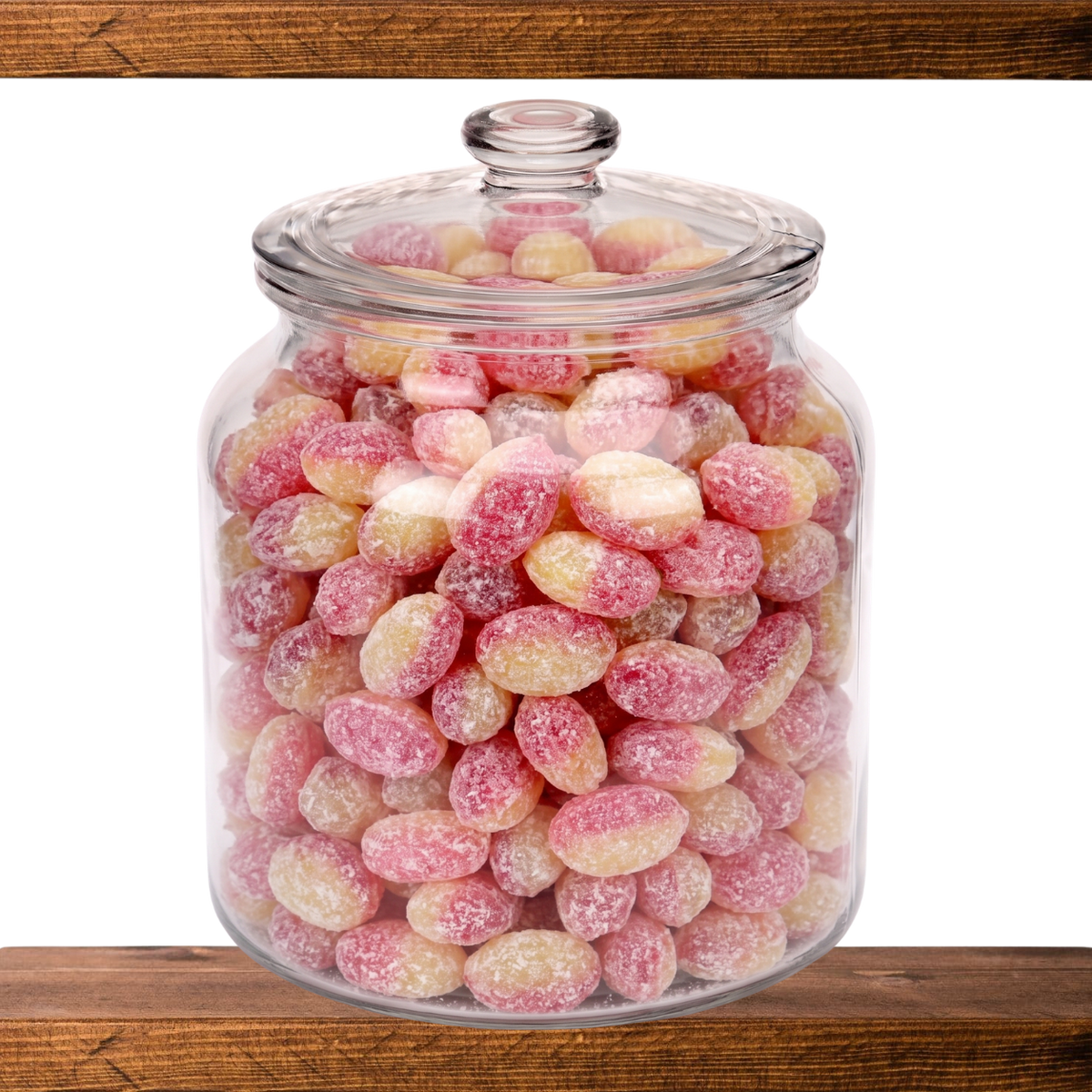 Rhubarb and Custard in a glass sweet jar on the shelf at Mr Swainstons