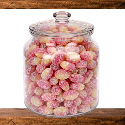 Rhubarb and Custard in a glass sweet jar on the shelf at Mr Swainstons