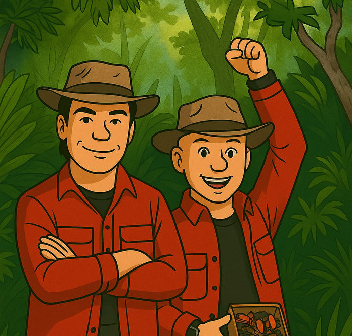 Cartoon of Sean and John from Mr Swainstons in jungle hats, holding a box of sweets