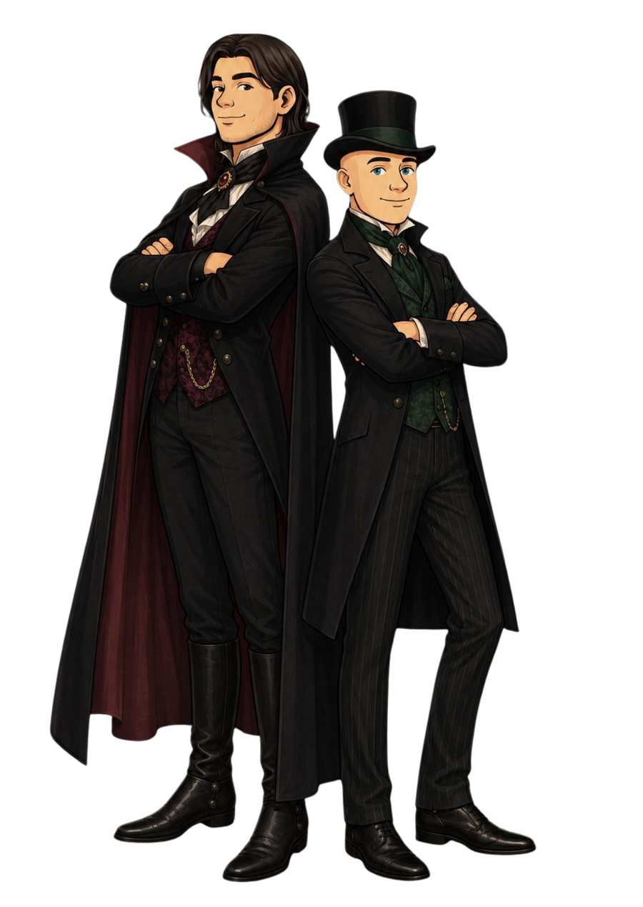 Mr Swainston and friend dressed as a vampire and a Victorian gentleman