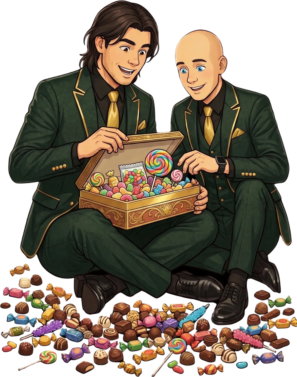 Mr Swainston and friend opening a golden treasure box overflowing with sweets