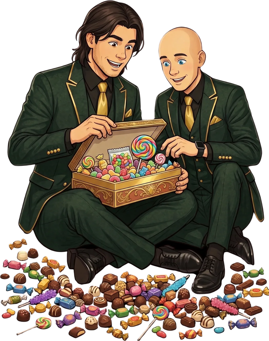 Mr Swainston and friend opening a golden treasure box overflowing with sweets
